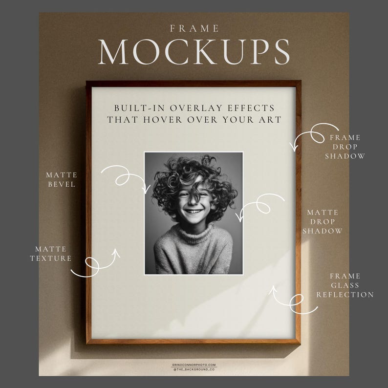 Frame mockup overlay effects explainer showing how realism is created with layers that sit above your artwork, including matte texture, matte bevel, frame drop shadow, matte drop shadow, and glass reflection.