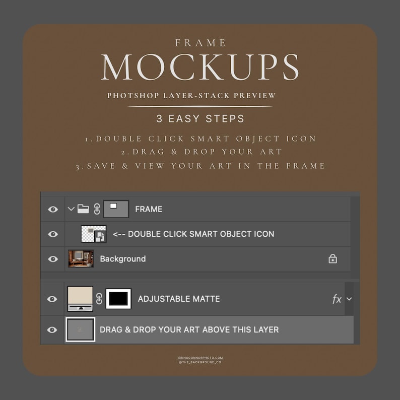Frame mockup instruction image showing a Photoshop layer panel and 3 easy steps to use a smart object, double click the smart object icon, drag and drop your artwork, save to update your art in the frame.