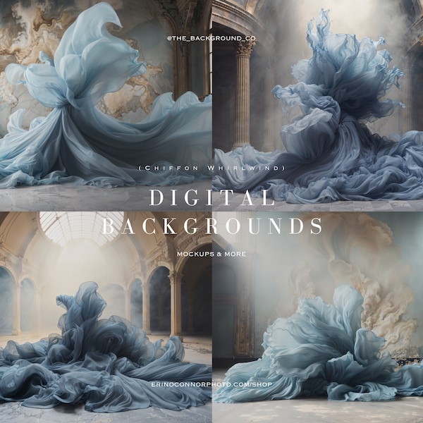 Draped Blue Silk Chiffon | 6 Digital Backdrops | Majestic Ethereal Flowing Tossed Fabric | Dramatic Enchanting Fantasy | Dress-Skirt-Cape