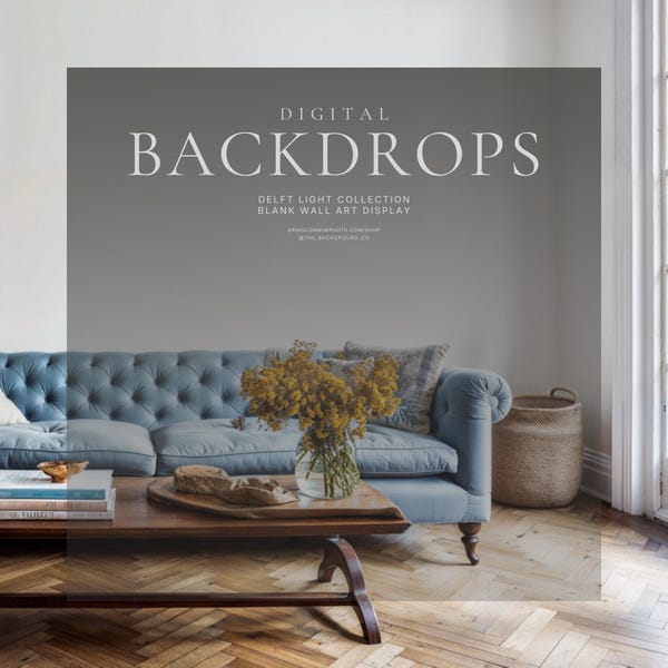 Fondos digitales para salas de estar / Fondo de sala de estar con sofá azul y pared blanca simple / Marcos de fotografía de bellas artes / Maqueta de pancarta para pared de habitación
