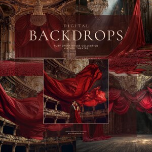 ルビーオペラハウスのデジタル背景 | バレンタインデーのヴィンテージシアターステージ | 赤いバラ、シルクのカーテン、ゴールドのシャンデリアを使ったファインアートコンペ