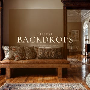 May include: A wooden bench with a brown leather cushion and several decorative cushions. The cushions feature floral patterns in brown and cream hues. The text "DIGITAL BACKDROPS" is displayed above the bench, with "JUNIPER & CHESTNUT COLLECTION ARTS & CRAFTS" below.
