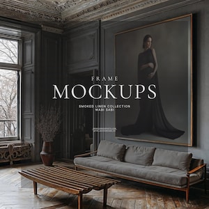 Moody Wabi Sabi Wall Art Mockup Set, Gray Room, Linen Bench, Oversized Frame PSD
