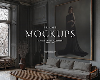 Moody Wabi Sabi Wall Art Mockup Set, Gray Room, Linen Bench, Oversized Frame PSD