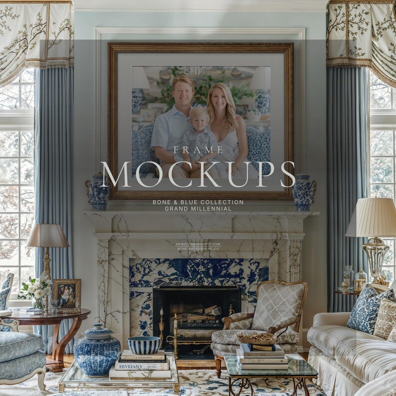 Grand millennial fireplace wall art mockup with large gold landscape frame, blue curtains, marble mantel, porcelain vases, and family portrait artwork