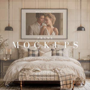 Modern Frame Mockup | Digital Frame Mockup for Art Display | Cozy Bedroom Photo, Poster, Wall Art, Room Mockup | Easy Photoshop Template