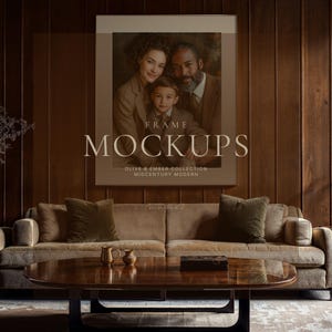 Midcentury Modern Living Room Wall Art Mockup Set, Olive Sofa, Frame PSD