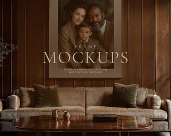 May include: A square wall art frame mockup featuring a portrait of a family of three, with the text FRAME MOCKUPS OLIVE & EMBER COLLECTION MIDCENTURY MODERN printed in white over the image of a woman, a man, and a young child.