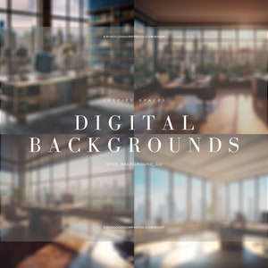 Peut inclure: Image composite présentant quatre scènes de bureaux intérieurs floues. Le texte "DIGITAL BACKGROUNDS" est affiché, avec le nom de la boutique et le pseudo des réseaux sociaux également visibles.