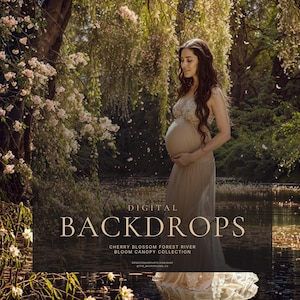 Cherry Blossom Forest River Digital Backgrounds | Willow & Spring Flower Canopy | Fine-Art Fantasy, Maternity, Portrait Backdrops