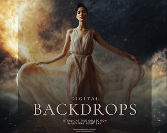 May include: A digital backdrop featuring a person in a flowing beige gown against a starry night sky with a crescent moon. Text reads: DIGITAL BACKDROPS, STARLIGHT TIDE COLLECTION, MILKY WAY NIGHT SKY, ERINOCONNORPHOTO.COM/SHOP, @THE_BACKGROUND_CO.