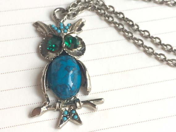 Vintage Bohemian Turquoise and Silver Owl Necklace - image 1