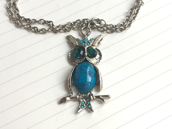 Vintage Bohemian Turquoise and Silver Owl Necklace - image 2
