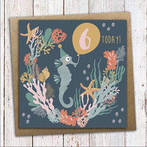 Tarjeta de cumpleaños bajo el mar - Caballito de mar, Tarjeta de cumpleaños para niños, Tarjeta de cumpleaños para niños, 6.º cumpleaños