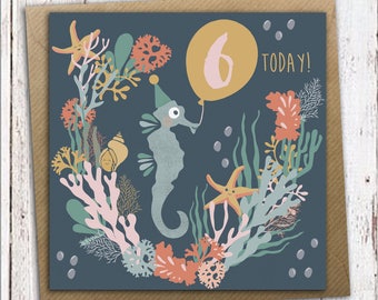 Under the Sea Birthday Card - Seahorse, Kids birthday card, Children's birthday card, 6th birthday