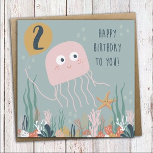 Tarjeta de cumpleaños bajo el mar - Medusa, Tarjeta de cumpleaños para niños, Tarjeta de cumpleaños para niños, 2.º cumpleaños
