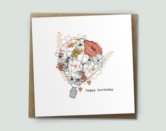 Flower Balloon - Happy Birthday Card, Hot Air Balloon, Floral Card