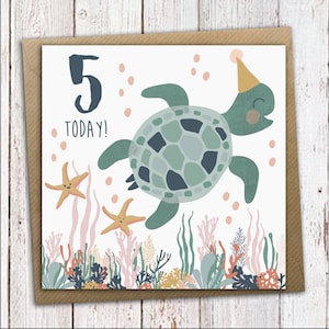 Tarjeta de cumpleaños bajo el mar - Tortuga, Tarjeta de cumpleaños para niños, Tarjeta de cumpleaños para niños, 5.º cumpleaños