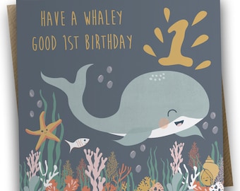 Under the Sea Birthday Card - Whale, Kids birthday card, Children's birthday card, 1st birthday card