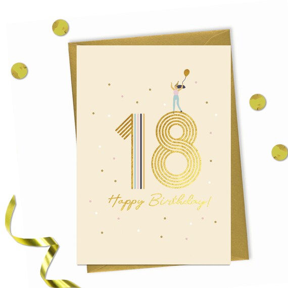 Biglietto Di Auguri 18° Compleanno WBdesignz "Golden 18", Formato DIN A6, Con Busta Kraft, Carta Premium 300g/m²