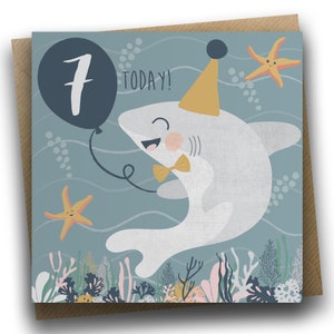 Biglietto di auguri di compleanno "Sotto il mare" - Squalo, Biglietto di auguri per bambini, Biglietto di auguri per il settimo compleanno