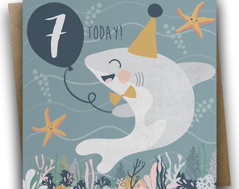 Under the Sea Birthday Card - Shark, Kids birthday card, Children's birthday card, 7th birthday card