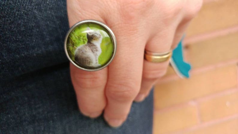 cat cabochon hypoallergenic ring cat Pewter ring Les Aristopattes adjustable ring cat ring