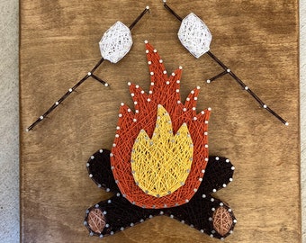 Custom Made to Order Outdoor Camping Campfire Roasting Marshmallows Wilderness String Art Board