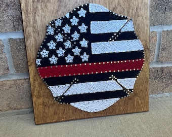 Custom Made to Order String Art Thin Red Line Firefighter American Flag Maltese Cross