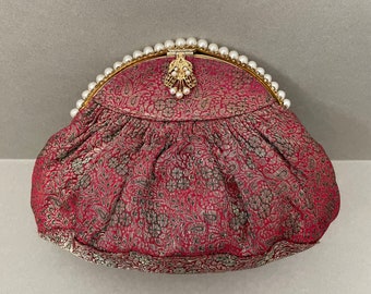A lovely vintage red brocade bag trimmed with pearls circa 1930s.