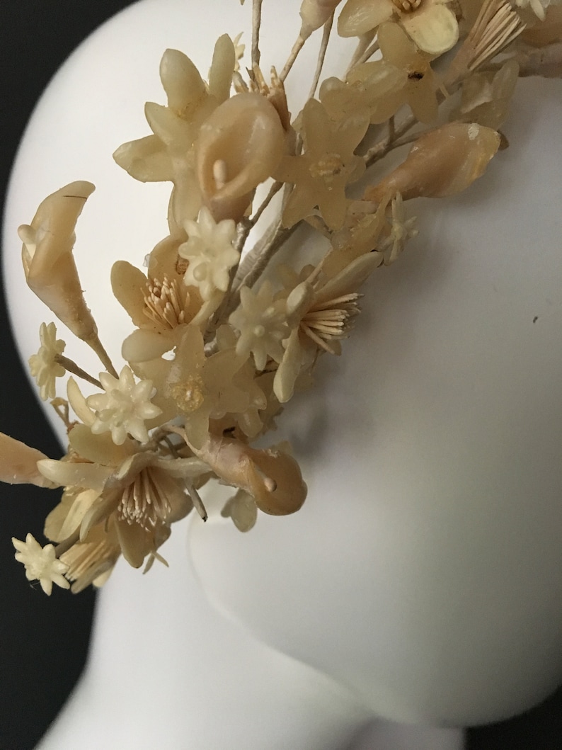Vintage wax flower bridal headdress tiara crown circa 192030s.