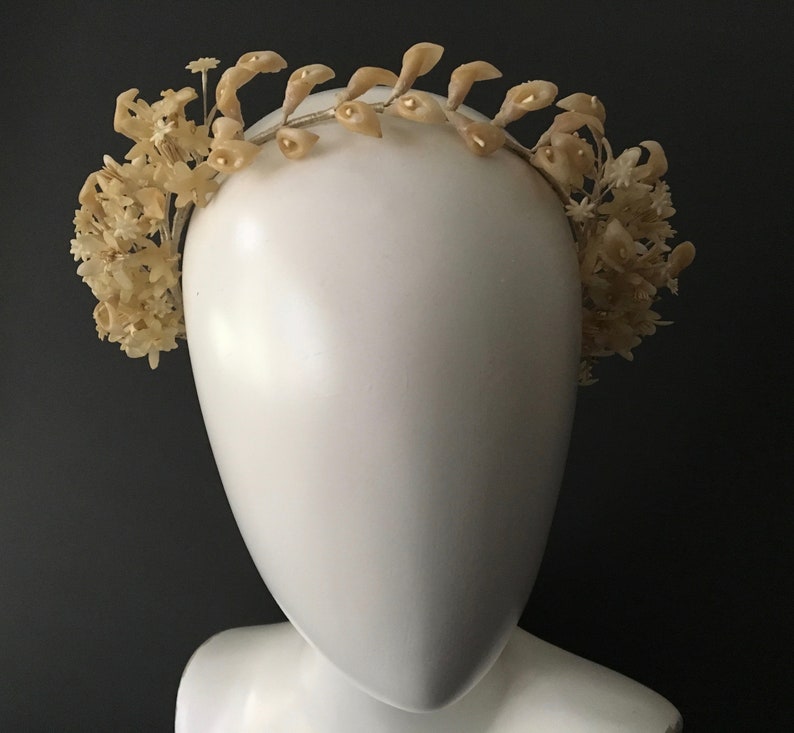 Vintage wax flower bridal headdress tiara crown circa 192030s.