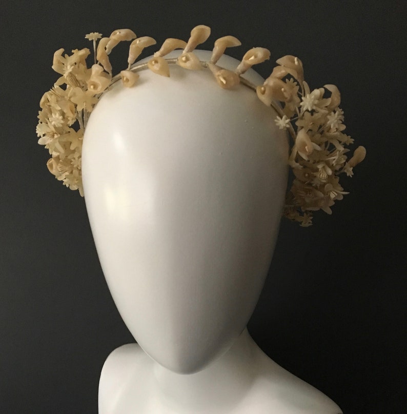 Vintage wax flower bridal headdress tiara crown circa 192030s.