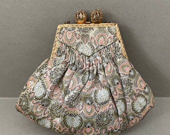 Sweet vintage French brocade bag in pink, grey and metallic thread.