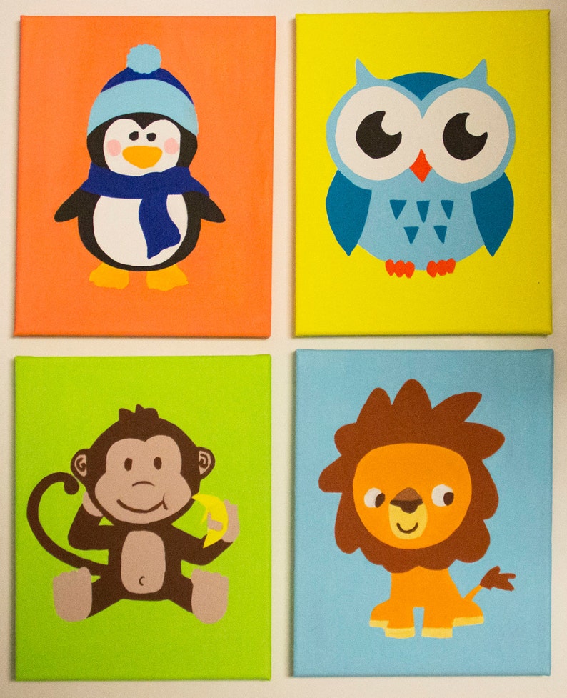 Baby Animals Nursery Canvas Art Painting lion Monkey Owl Etsy