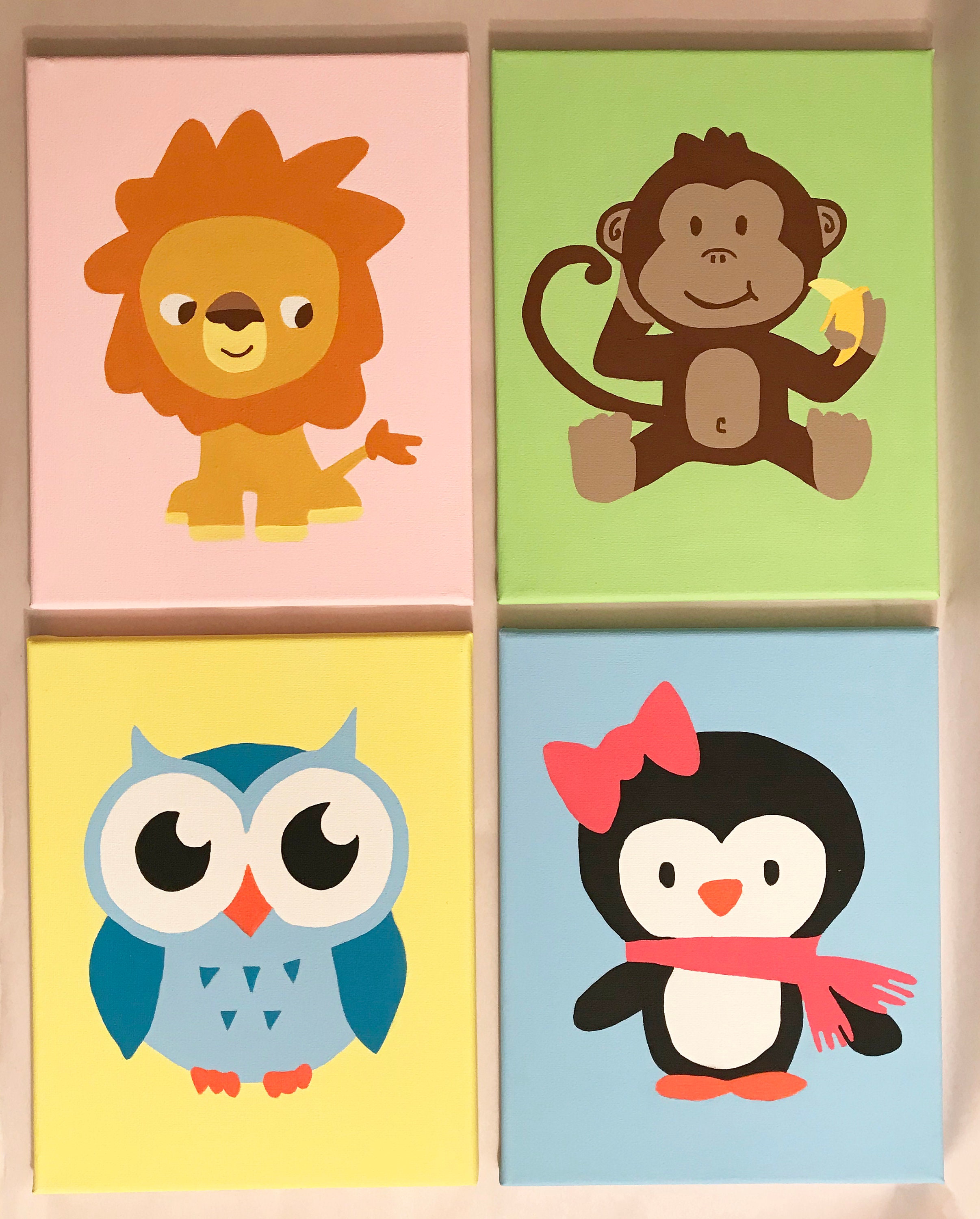 Baby Animals Nursery Canvas Art Painting lion, Monkey, Owl, Penguin Etsy
