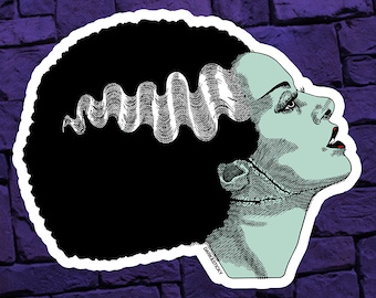 May include: A black and white illustration of a woman with green skin and a hairstyle reminiscent of Frankenstein's monster. Her hair is styled in a large afro and she has visible stitches on her neck.