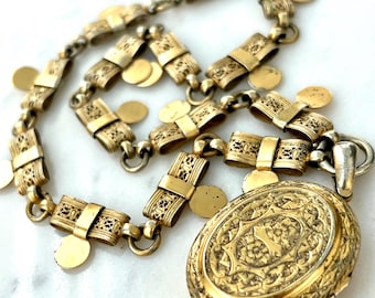 Antique Victorian Gold Vermeil Locket Necklace, Bow Chain, Forget-Me-Not Flowers