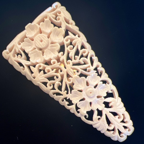 Larger Carved Celluloid- French Dress Clip- Exquisite Detail 2.75”