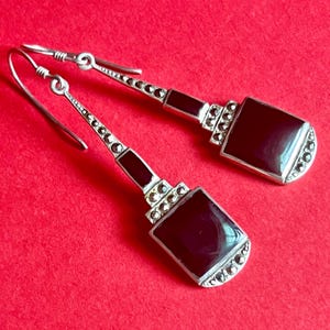 Art Deco Onyx Earrings (1925-1935, Sterling Silver & Marcasite) 2.5”