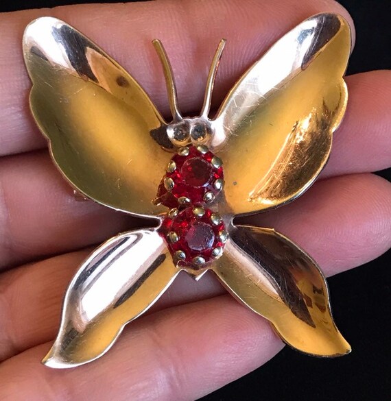 Mid Century Copper Butterfly with Siam Glass Rubi… - image 3