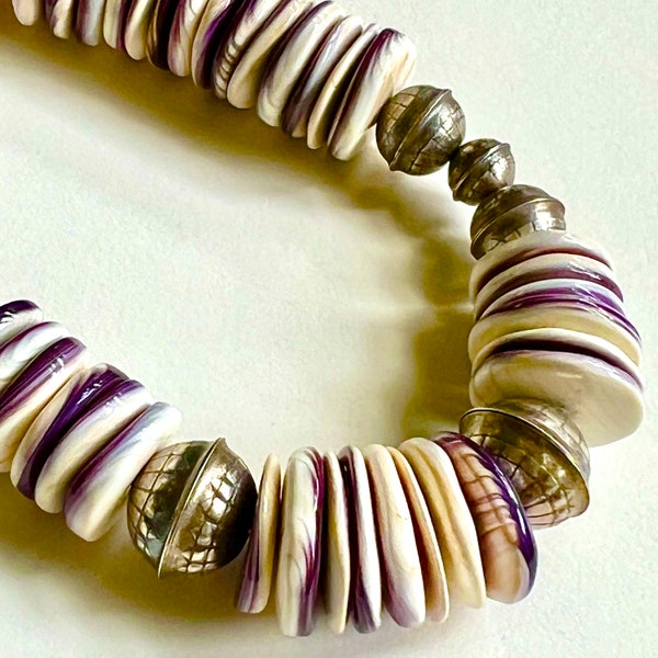 Navajo Sterling Silver Bench Beads &  East Coast Wampum (Quahog) Shell Necklace (24.5") Bold Native American Look....