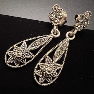 Diminutive Art Deco Style Earrings- Marcasite, Sterling Silver (1970s) 1.25”
