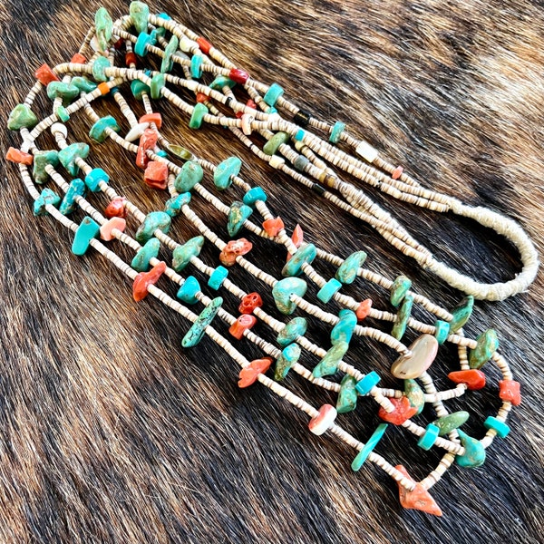 Older Santo Domingo (Tewa) Necklace (1955-1975, Artisan Crafted, Turquoise, Coral, Heishi Shell and MOP) Interior Measurement 31.5”