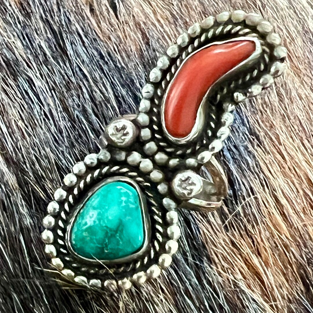 Vintage Navajo Kingman Turquoise and Coral Ring (1960s, Sterling Silver ...