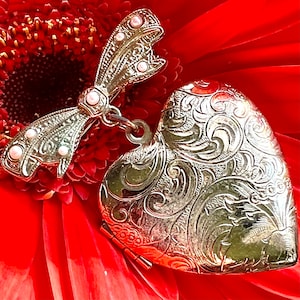 Heart Locket Brooch (1980s, Gold-Tone, Pearls, 1.50") Victorian Revival-Lovely Sentimental Design
