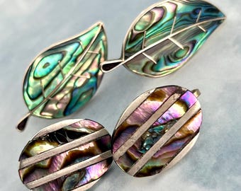 Mexican Silver Abalone Earrings, Renaissance Screwbacks, Two Pairs