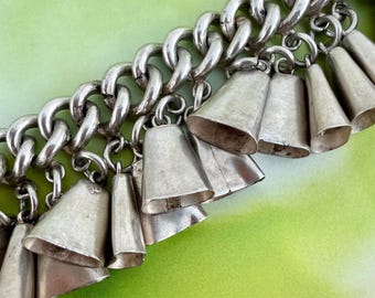 Mexican Silver Renaissance Cowbell Bracelet (1930-1945, Sterling Silver, Taxco Mexico) 7.75”