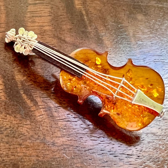 Natural Baltic Amber Violin Brooch (Sterling Silv… - image 1