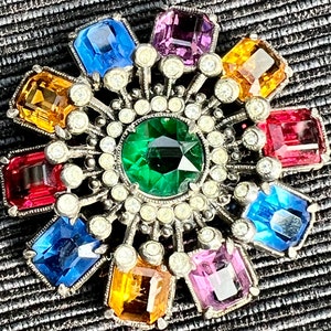 1920s Art Deco, Fruit Salad, Czechoslovakian Glass Gem Pot Metal Brooch 1.80”